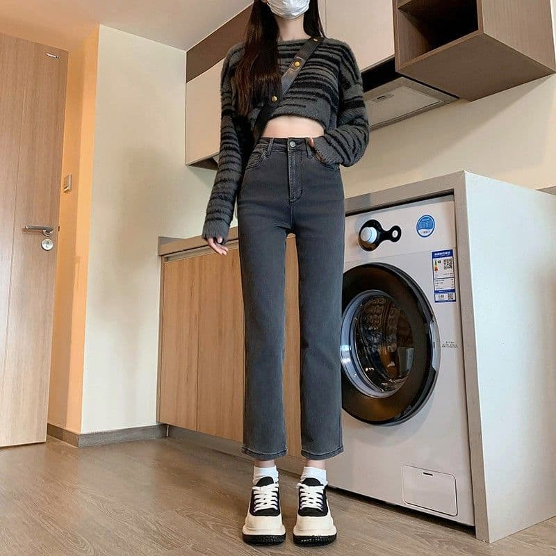 Straight Leg Jeans for Women Summer New Fashion Korean Style High Waist Ankle-Length Slim Fit Stretch Tummy Control Cigarette Pants Casual
