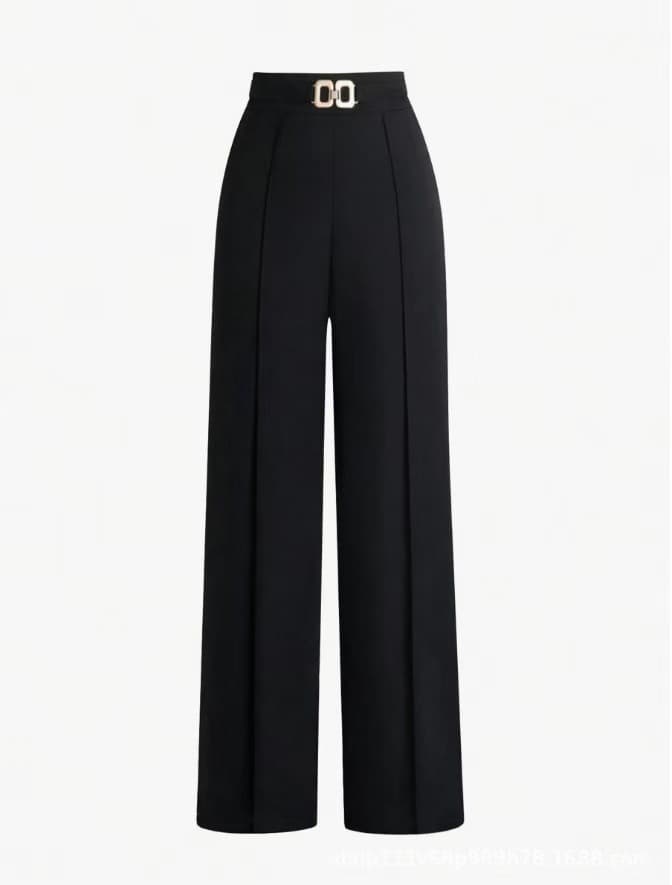 Women's High-Waist Flared Pants - Elastic Waistband with Metal Chain Detail Solid Casual Long