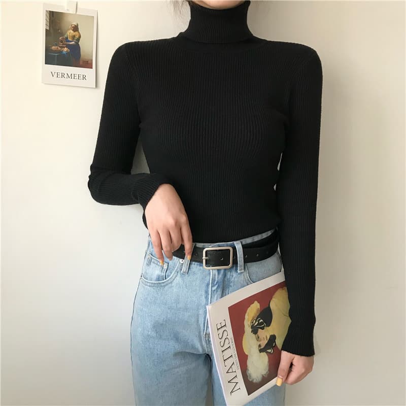 Women's Turtleneck Sweater for Fall/Winter, Korean Style Slim Fit Versatile Knit Base Layer, Long Sleeve Pullover Top