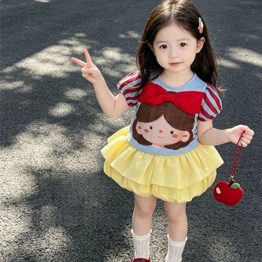 Girls Summer New Snow White Outfit Cute Puff Sleeve Top and Bubble Skirt Set Trendy 2-Piece Set for Baby Girls