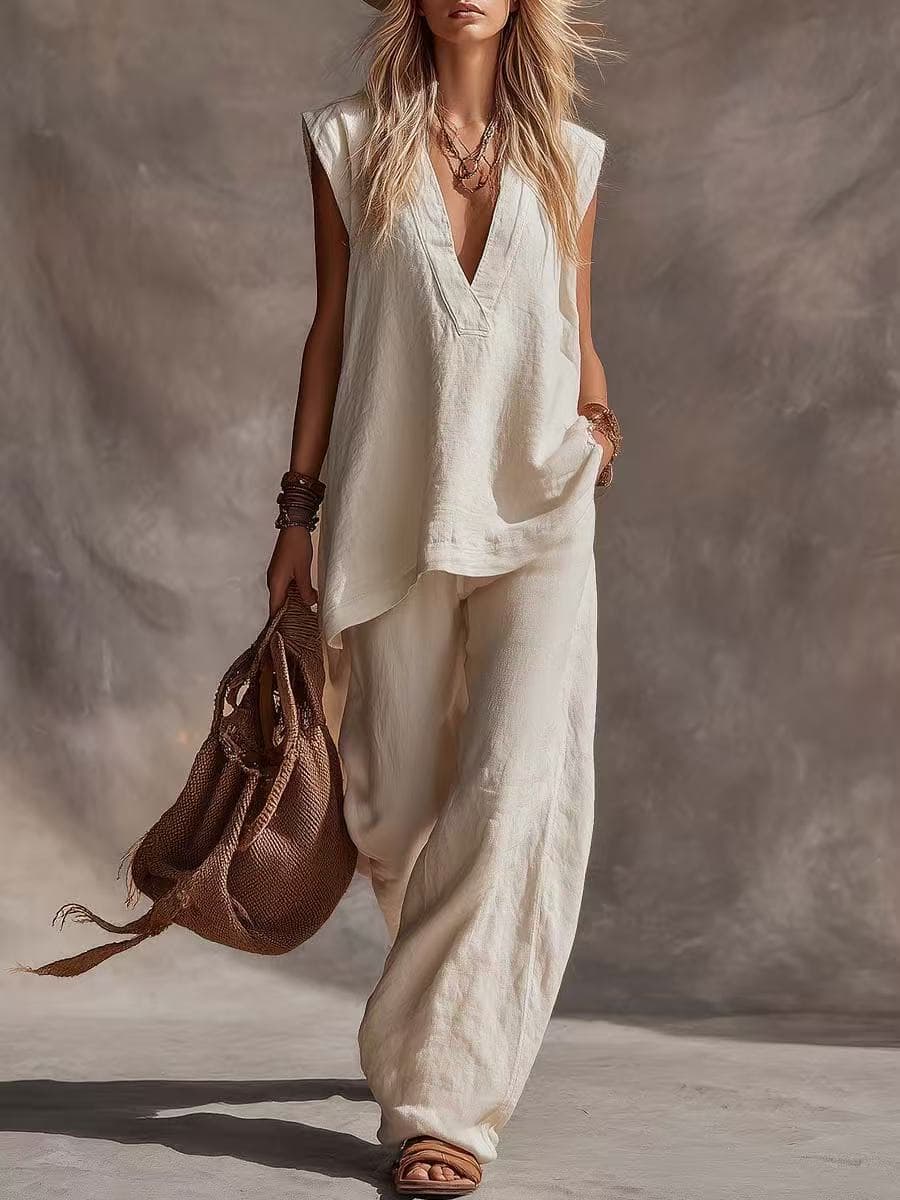 2026 cross-border European and American models spring and summer new vest side pockets solid color casual comfortable minimalist linen two pieces