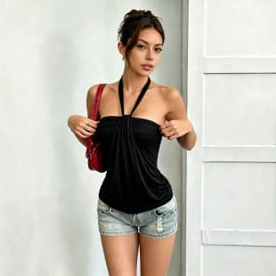 G26T633 Halter Neck Camisole Top Draped Twist Pleated Loose Black Sexy Bustier Top