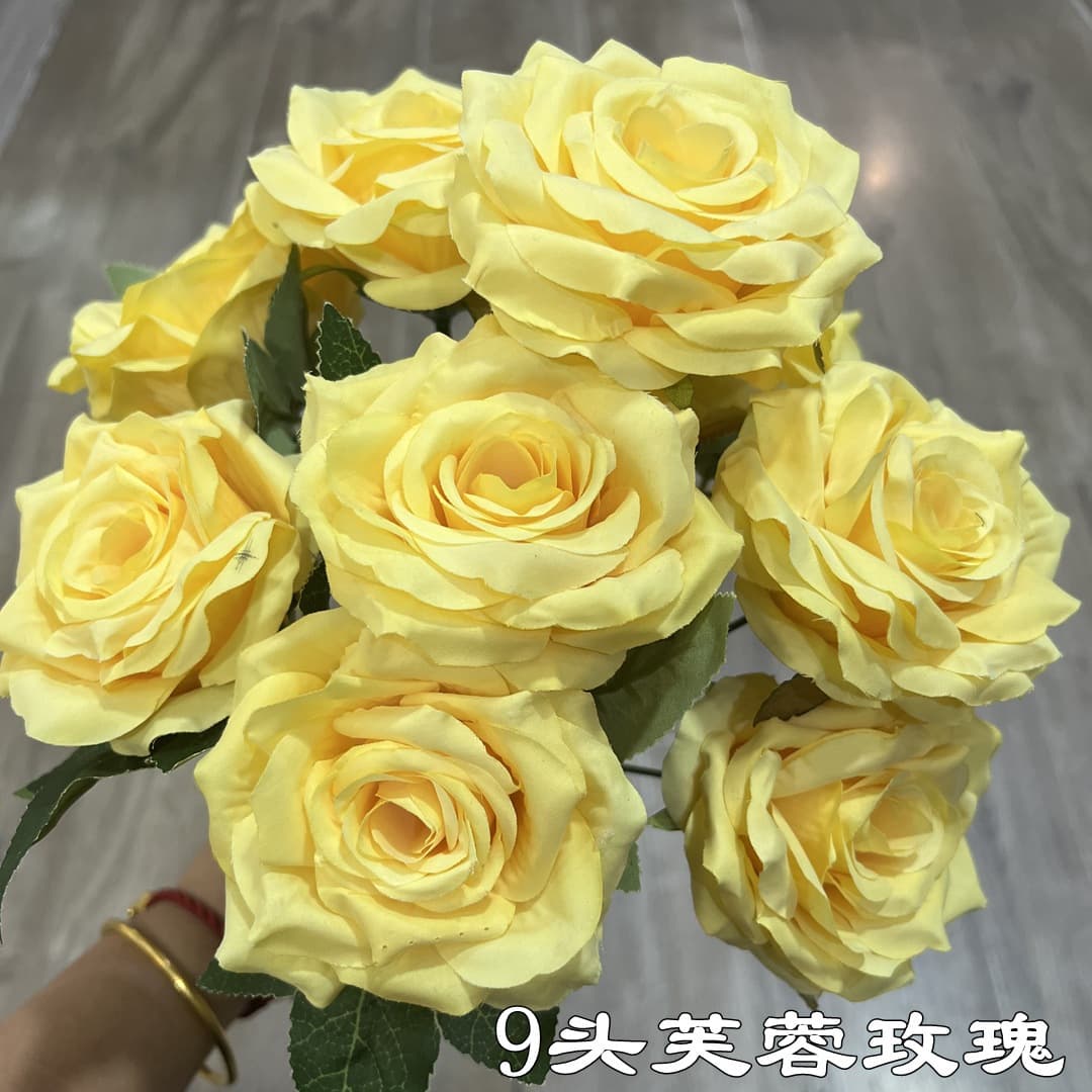 New Export Simulation Yellow Rose Bunch 9-Head Corner Rose Wedding Soft Decoration Artificial Flower Wholesale