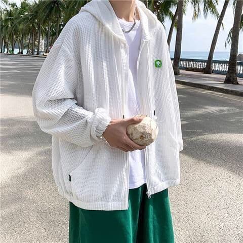 Stylish Waffle Texture Sun Protection Jacket for Men, Summer Thin Casual Hooded Coat with Streetwear Edge