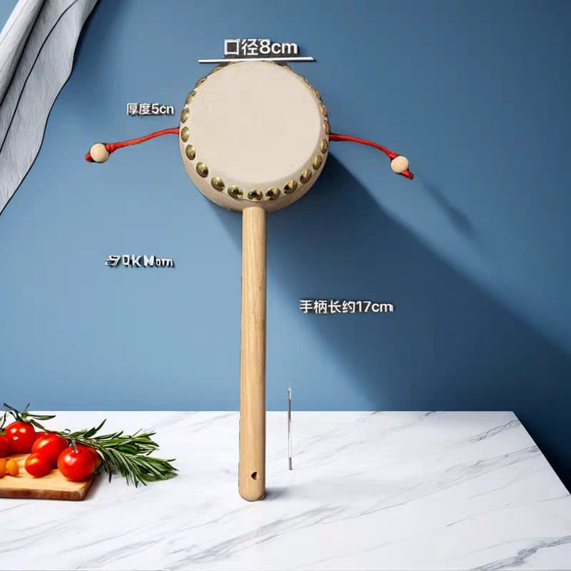 Rattle Drum for Children, Traditional Sheepskin, Solid Wood Handle, Handmade Wave Drum, Baby Hand Shake Toy, Infant Toy
