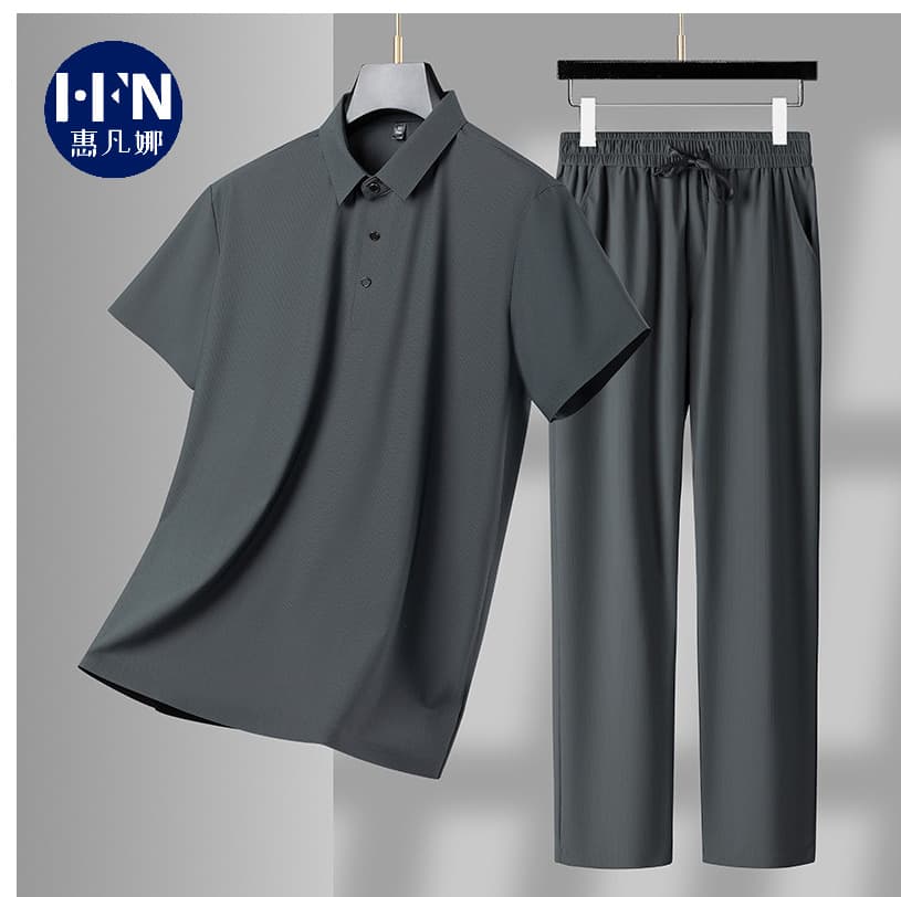 Ice Silk Seamless Short Sleeve Set Men's Summer High Quality Business Casual Lapel Polo Shirt and Long Pants Two-Piece Set