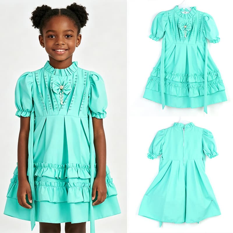 Custom African Girls Summer Turquoise Dress Kids Fashion Ruffle Princess Dress 3-10 Years Girls Dress