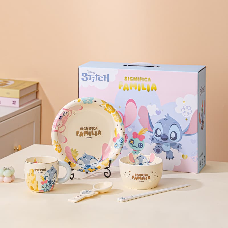 Stitch ceramic bowl household tableware five-piece set gift box birthday gift cartoon disc water cup spoon chopsticks