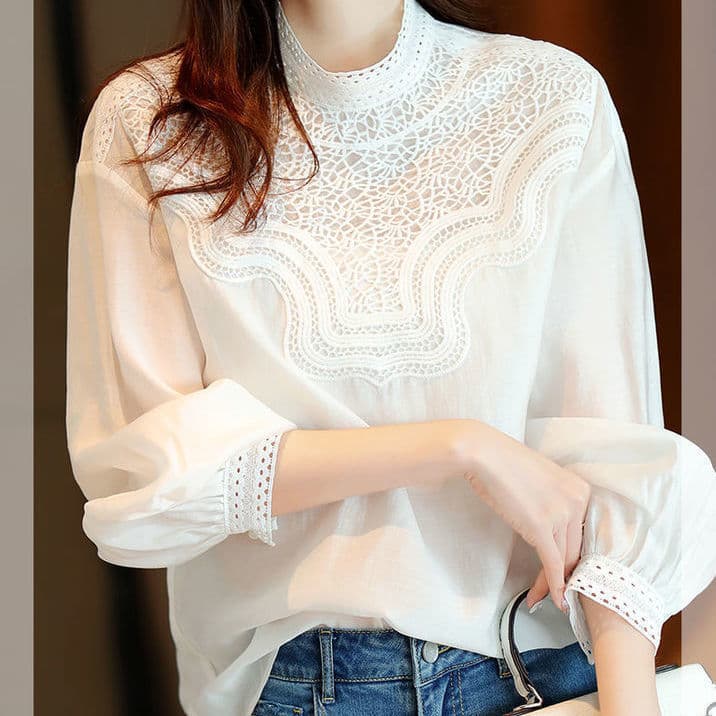 Stand Collar Hollow-Out Elegant White Blouse Women Design Niche 2025 Autumn New Edition Elegant French Long Sleeve Top Trendy