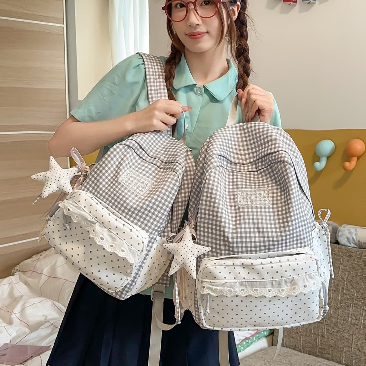 Korean Sweet Style Plaid Backpack for Middle and High School Students Ita Bag Girl's Heart Lace Trim Design Schoolbag