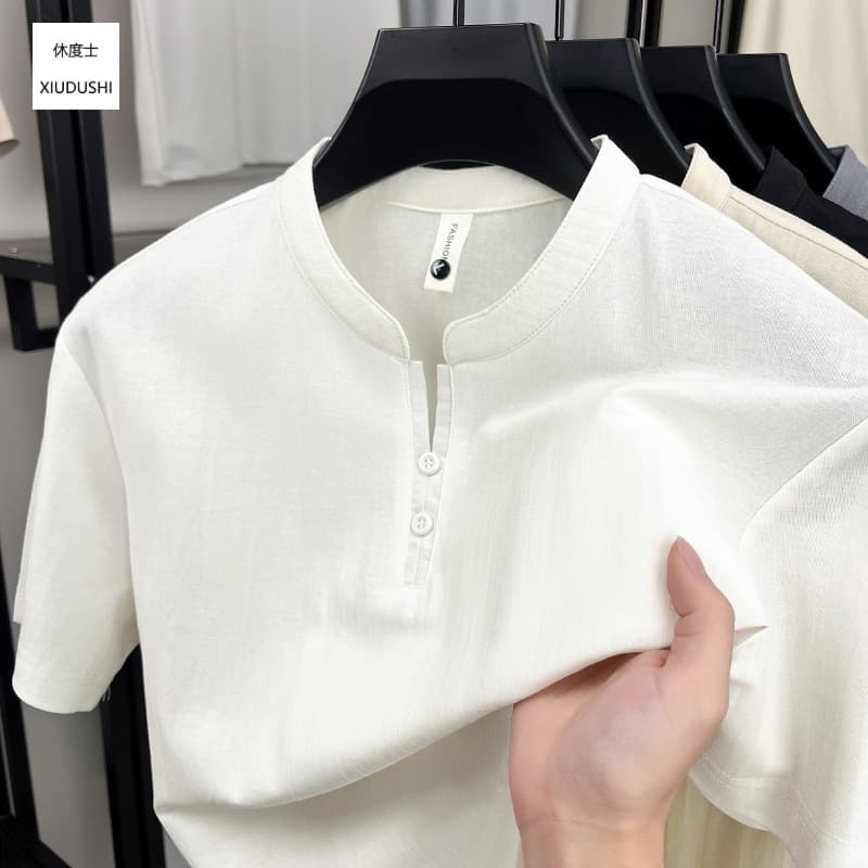 Chinese Style Cotton Linen Small Stand Collar Shirt Men 2026 Summer New Chinese Style Short Sleeve T-Shirt Men's Premium Polo Shirt