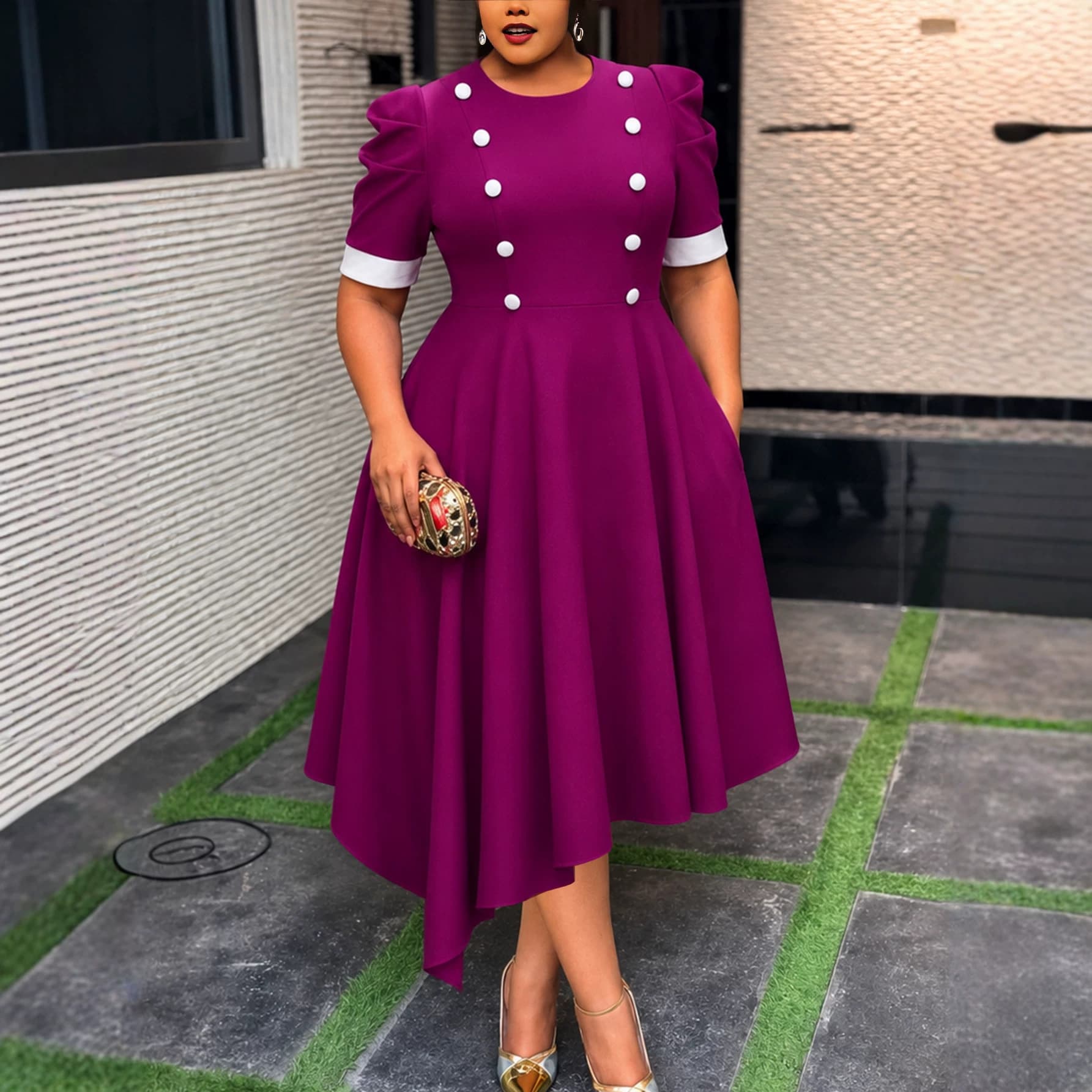 European and American plus-size women's double-breasted puff-sleeve dress with irregular hem to cover belly, commuter banquet mid-length dress