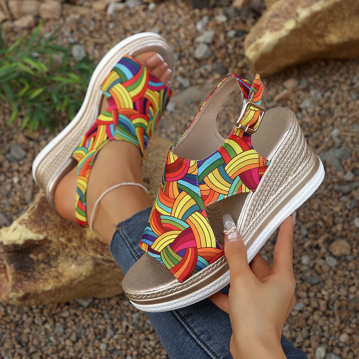2025 Summer New Cross-border Plus Size Women's Shoes 40-43 European and American Fashion Color Wedge Heel Beach Sandals