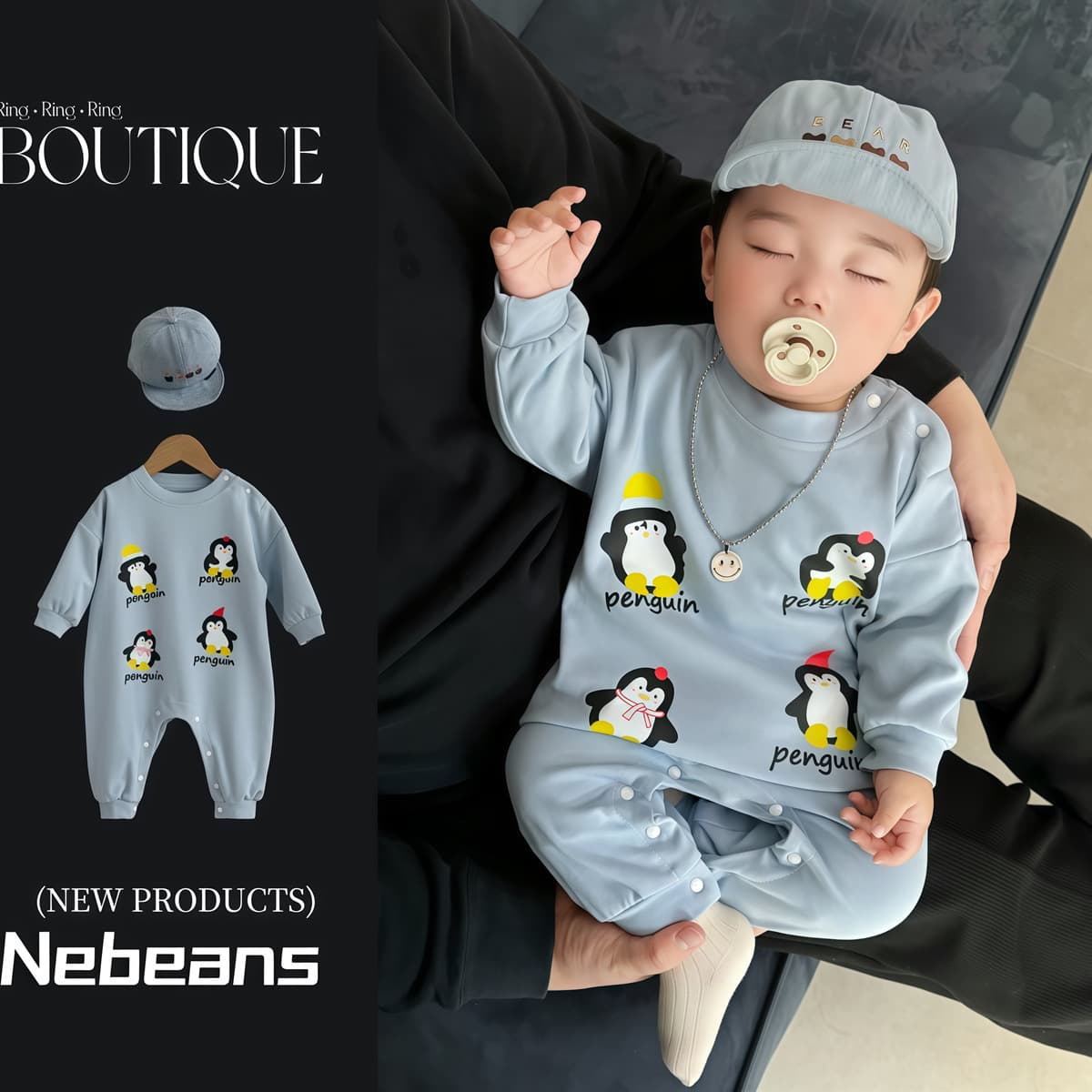Newborn Baby Romper Suit Soft Comfortable A-Cotton Penguin Cartoon Print Spring Autumn Unisex Long Sleeve Bodysuit for Babies 0-2 Years Old