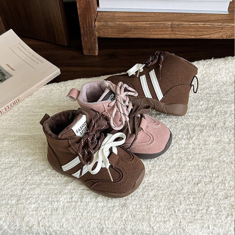 Children's Cotton Boots 2025 Autumn Winter New Girls Fleece Lined Warm Boots Baby Outdoor Hiking Shoes High Top Trendy Moral Training Shoes