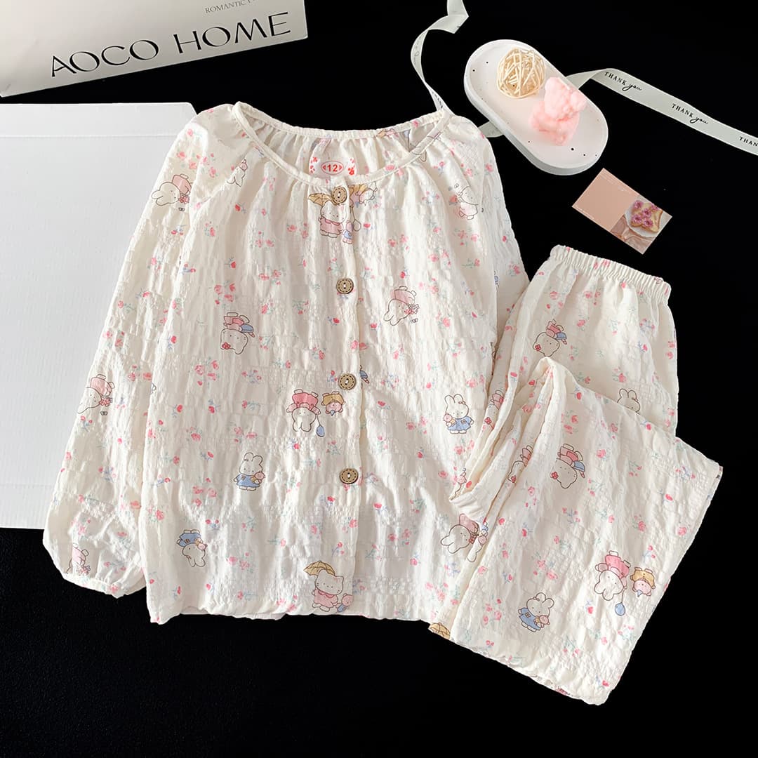 New Girls' Pajamas Wannian Grid Cloud Cotton Long-Sleeve Cardigan Plush Toy Sweet Lace Kids' Sleepwear Set