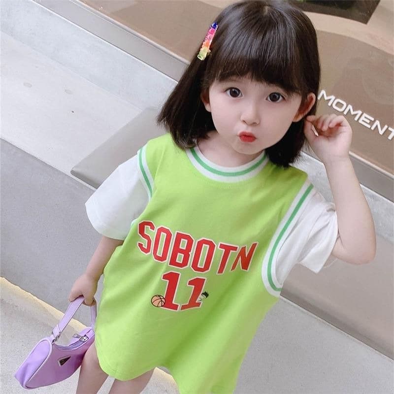 Girls Basketball Jersey T-Shirt Two-Piece Mid-Length Casual T-Shirt Dress for Toddlers and Kids Summer Style