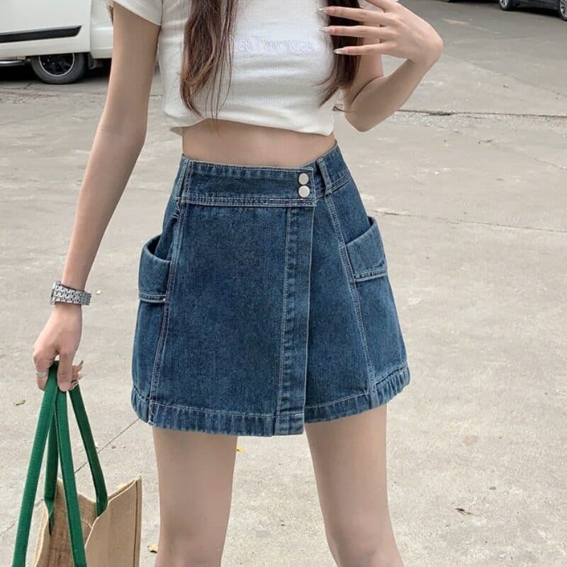 Plus size fat girl high waist denim shorts women's summer anti-exposure A-line skirt slimming straight wide-leg pants skirt