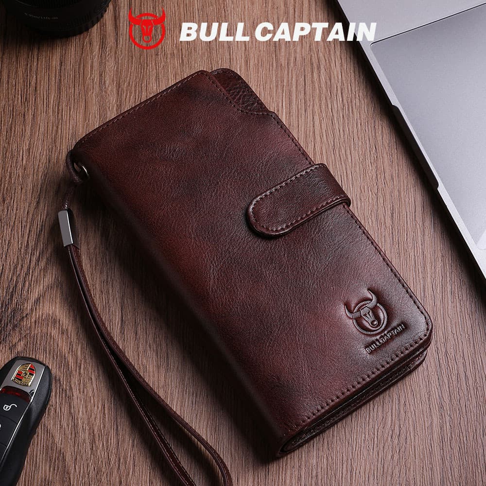 Captain Cow Wallet Men's Genuine Leather Long Wallet with Clasp Youth Retro Casual Cowhide Multifunctional Driver's License Coin Purse