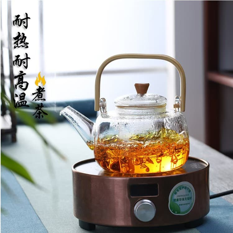 High-Temperature Resistant Glass Flower Tea Pot, Hand-Blown Japanese-style Large Bamboo Handle Hanging Pot, Brewing National Trend Style