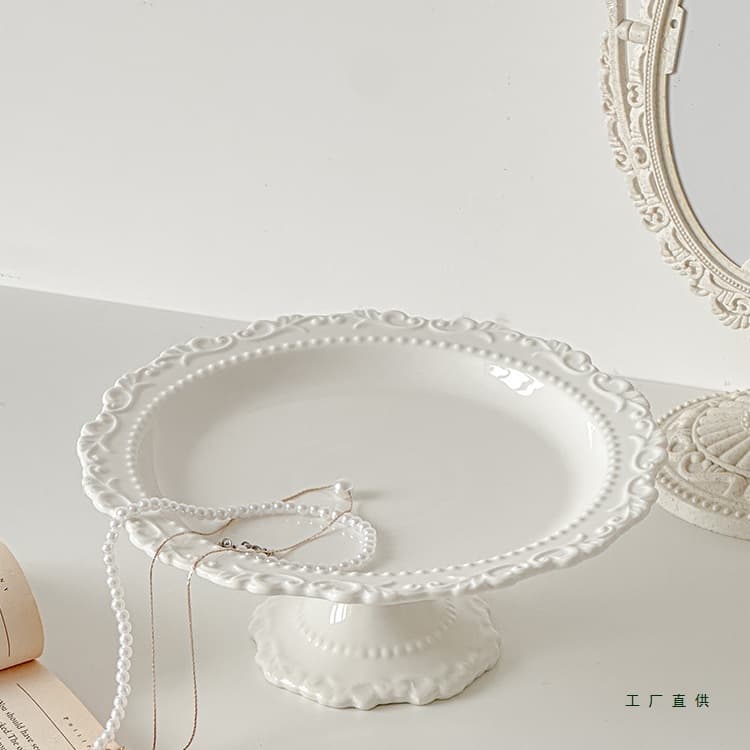 Muni Ins French-style Embossed Ceramic Pedestal Bowl, Home Living Room Coffee Table Tray, Dessert Fruit Plate, Household Tableware
