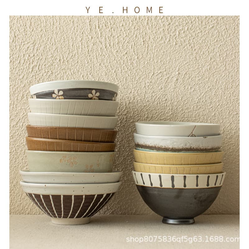 Large collection of Japanese retro rice bowls, household ceramic dry rice bowls, small soup bowls, porridge bowls, small bowls, tableware wholesale