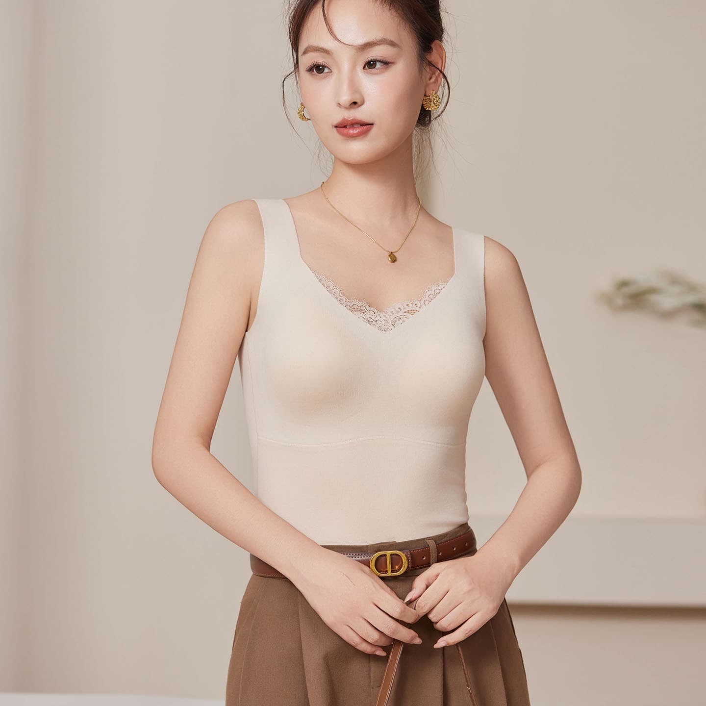Tangge Silk Brushed Cashmere Integrated Fixed Cup Warm Vest, Mulberry Silk No Bra Required Seamless Strappy Top