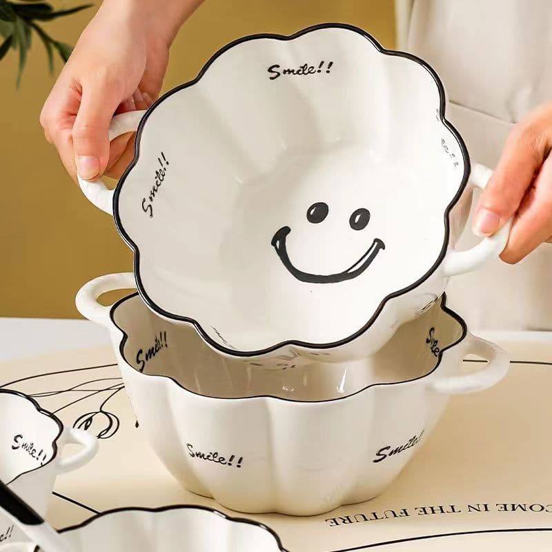 Nordic Style Home Ceramic Tableware High Aesthetic Double Handle Pumpkin Bowl Large Capacity Underglaze Color Ramen Bowl Microwave Safe