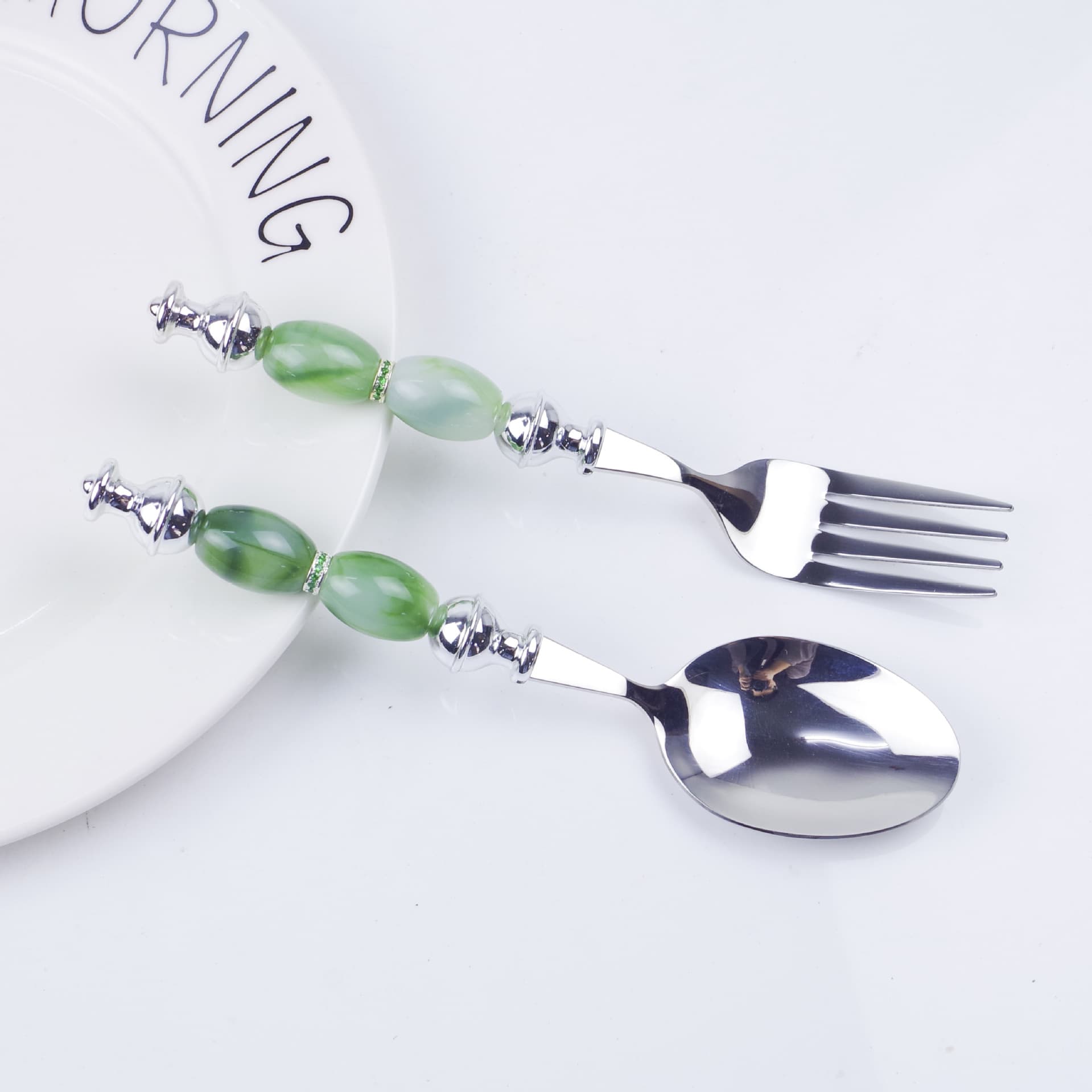 Cross-border beaded tableware imitation jade acrylic beaded spoon fork dessert spoon 304 stainless steel creative tableware