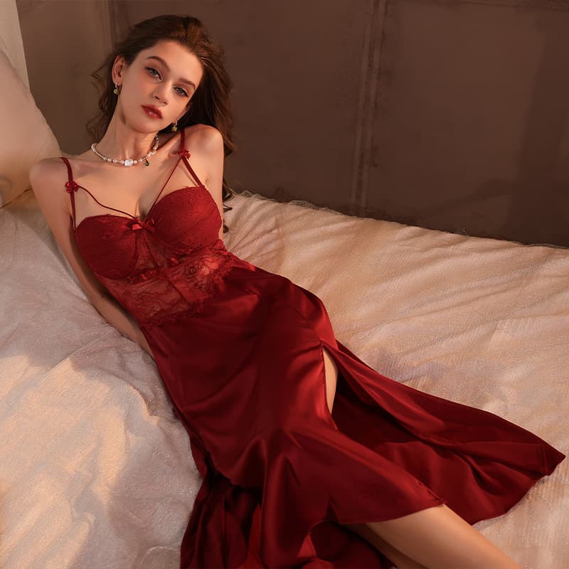 Yiying Sexy Camisole Nightgown Long Split Lace Deep V Sleep Dress French Satin Premium Loungewear for Women