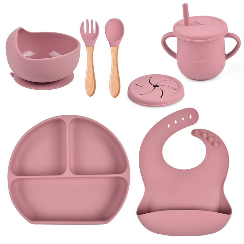 6-Piece Silicone Dinnerware Set: Silicone Bowl, Smiley Face Plate, Bib, Baby Bowl, Wooden Handle Spoon, Divided Plate (Factory Wholesale)