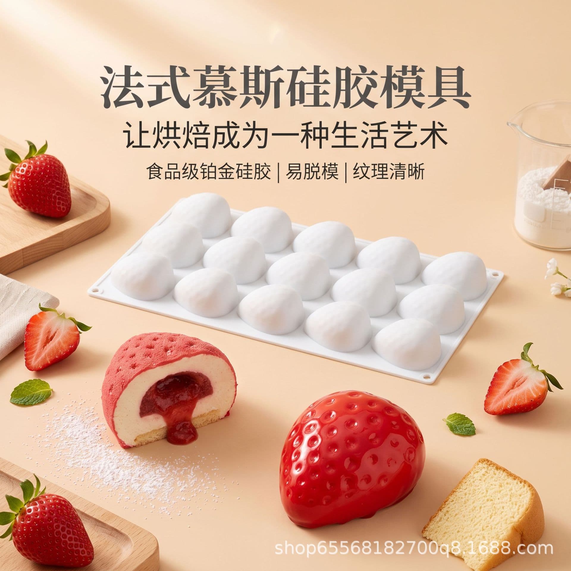 Cross-border 15-connected three-dimensional strawberry mousse cake mold food-grade silicone French fruit chocolate candle mold