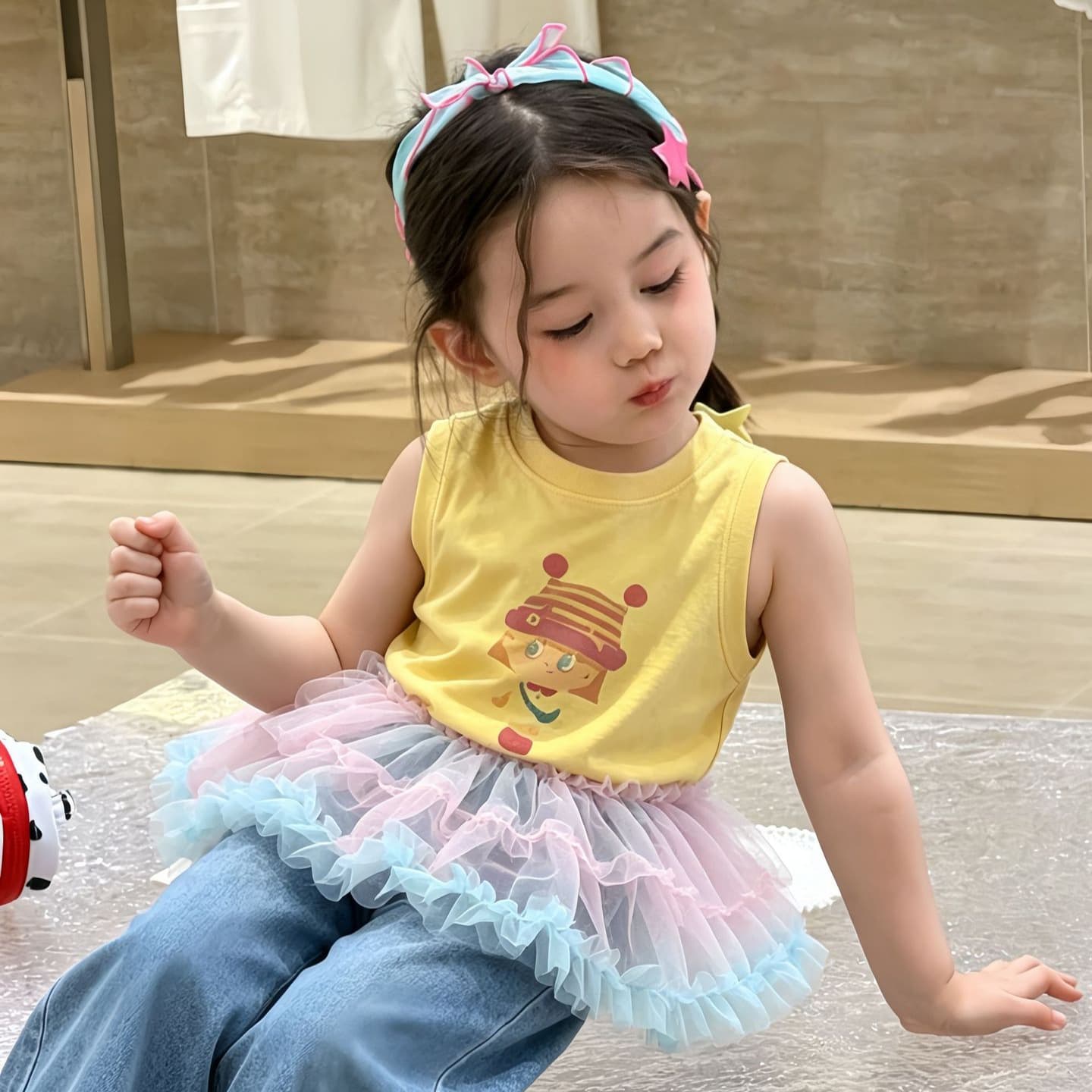 Zhili Children's Clothing 2026 Summer New Girls Printed Short Sleeve Kids Rainbow Fringe Jeans Two-Piece Set Foreign Trade