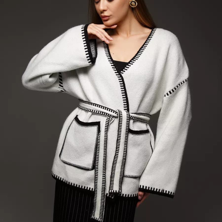 Amazon Cross-border Knit Cardigan 2025 Fall/Winter New European and American Loose Contrast Color Mid-length Sweater for Export