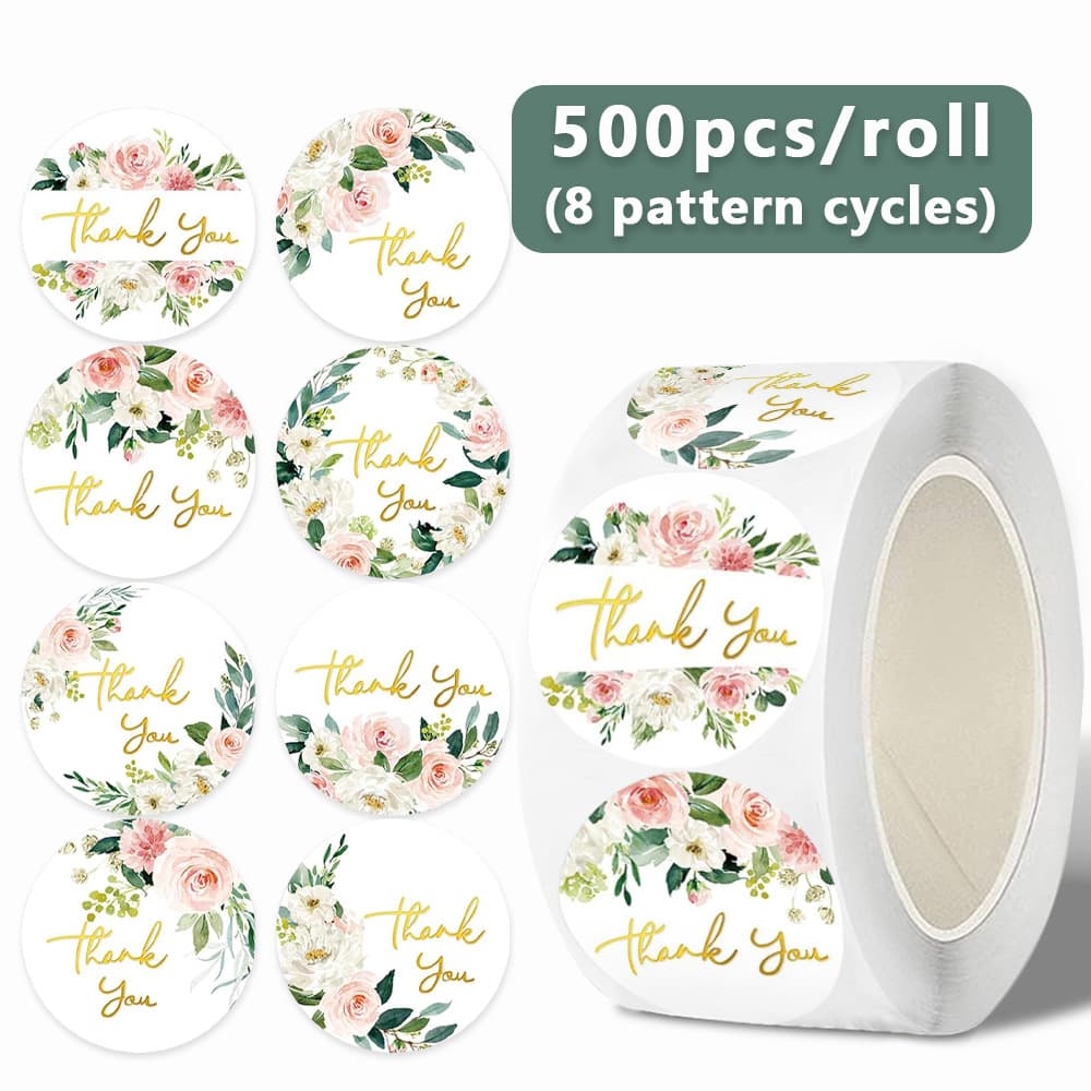 500 Stickers/Roll Self-Adhesive Thank You Sticker Flower Thank You Label Cake Baking Seal Sticker Cartoon Sticker Wedding