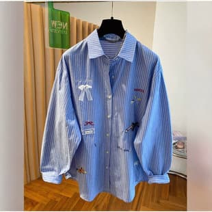200 Jin Extra Large Korean Boyfriend Style Blue Striped Embroidered Shirt for Women Oversize Casual Versatile Top