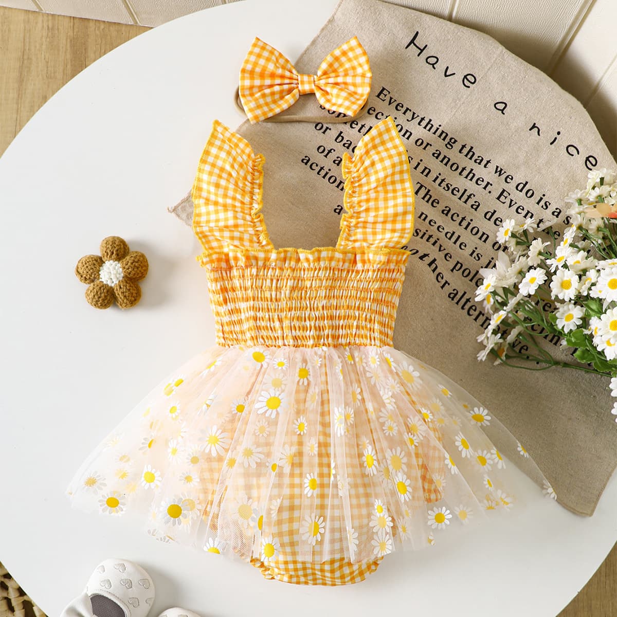 Baby Girls Summer Romper Dress Sweet Daisy Embroidered Gingham Bodysuit Princess Dress with Headband
