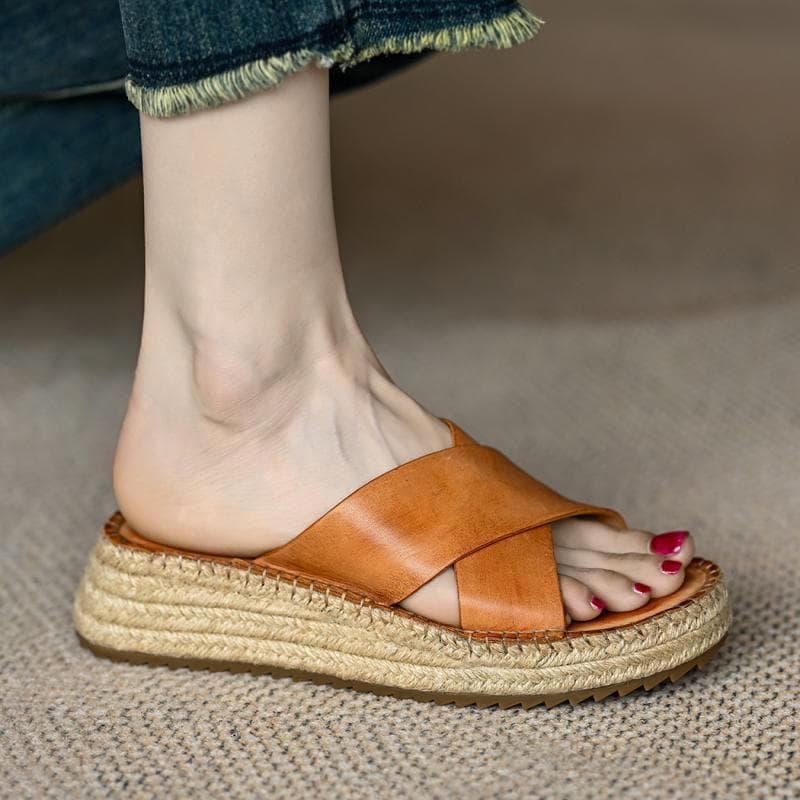 Women's Slippers 2026 Summer New Style Outdoor Wedge Retro Straw Platform Thick-Soled Versatile Cross-Strap Sandals