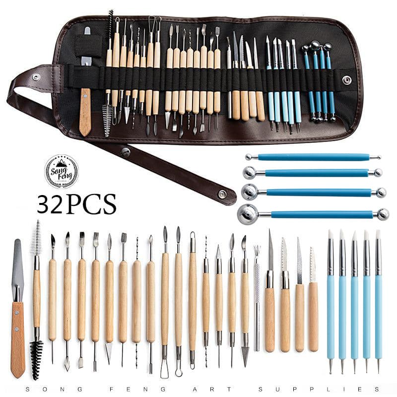 32-Piece Clay Sculpting Tool Kit Terracotta Carving Knife Clay DIY Silicone Drill Pen Press Mark round Pen Wooden Metal Tools
