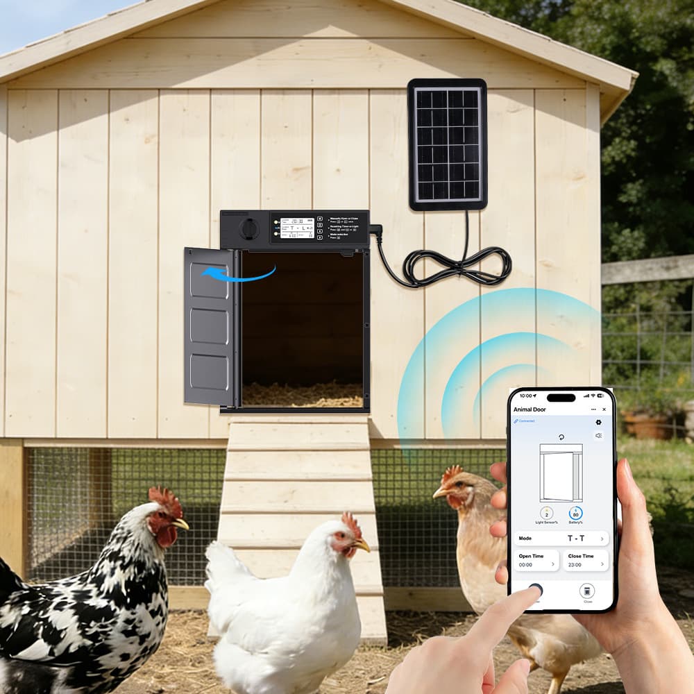 Solar-Powered Automatic Timer Chicken Coop Door/Pet Door, Light-Sensing Smart Control, Anti-Pinch Protection, App Door Opening and Closing