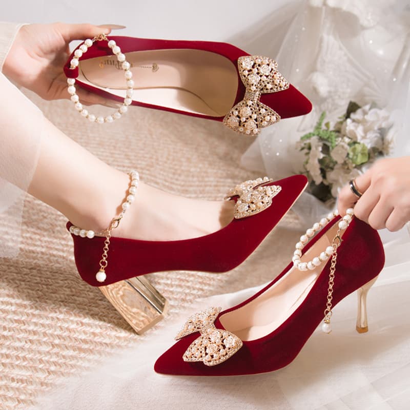 Beautiful Strap Wedding Shoes Women 2024 New High-end Sense Xiuhe Dress Bridal Shoes Not Tired Red High Heels
