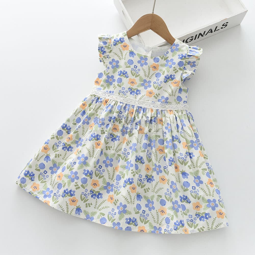 Korean-style Girls Floral Lace Flutter Sleeve Dress Kids Princess Dress Fashionable Wholesale
