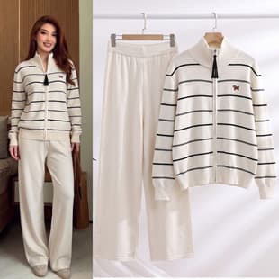 Export Autumn/Winter New Fashion Turn-down Collar Striped Knit Set Women Casual Wide-leg Pants Sweater Two-piece Set Trendy