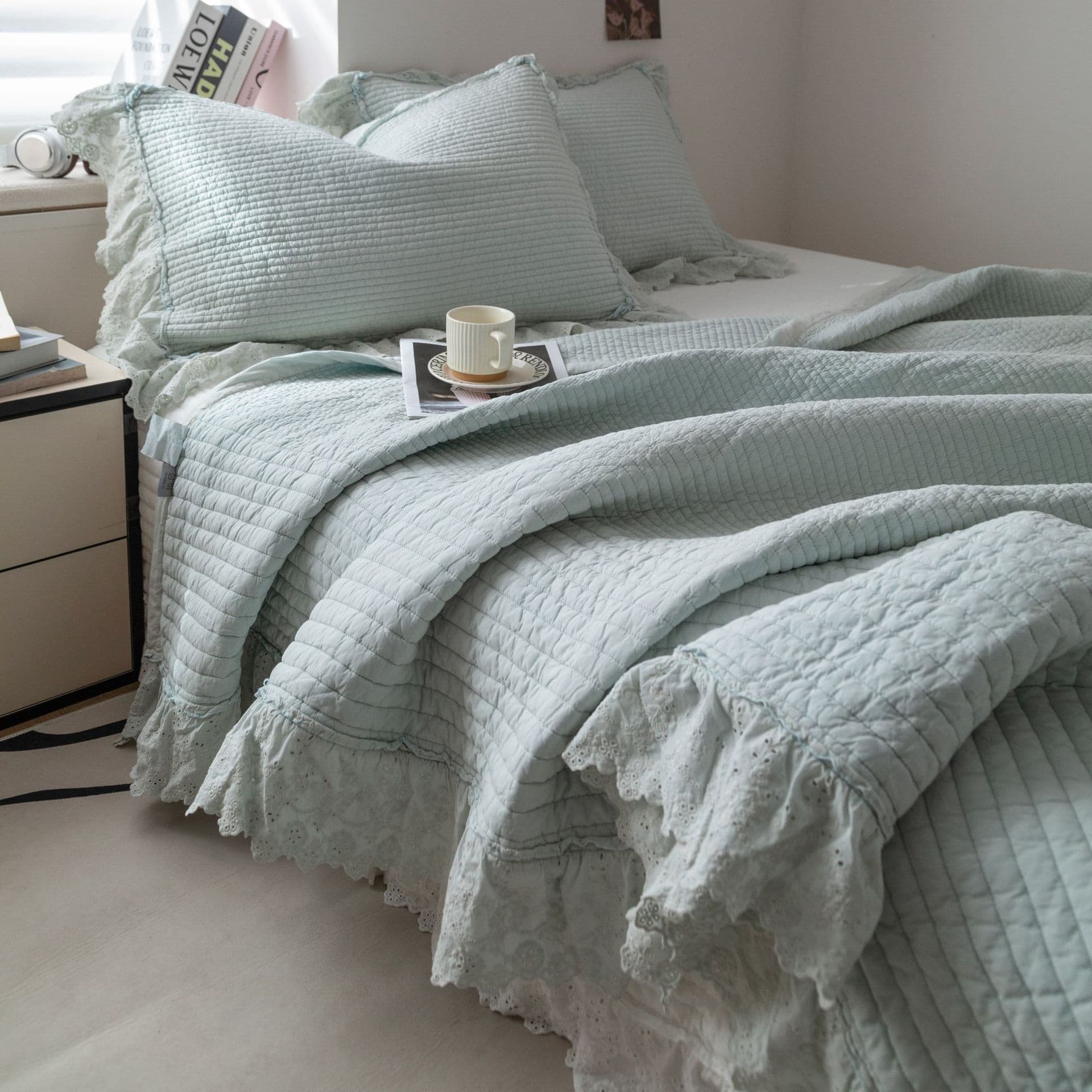 Export Cotton Enzyme Washed & Sanded Dyed Bed Cover Set, French Lace Trim Korean Style Bed Cover Three-Piece Set