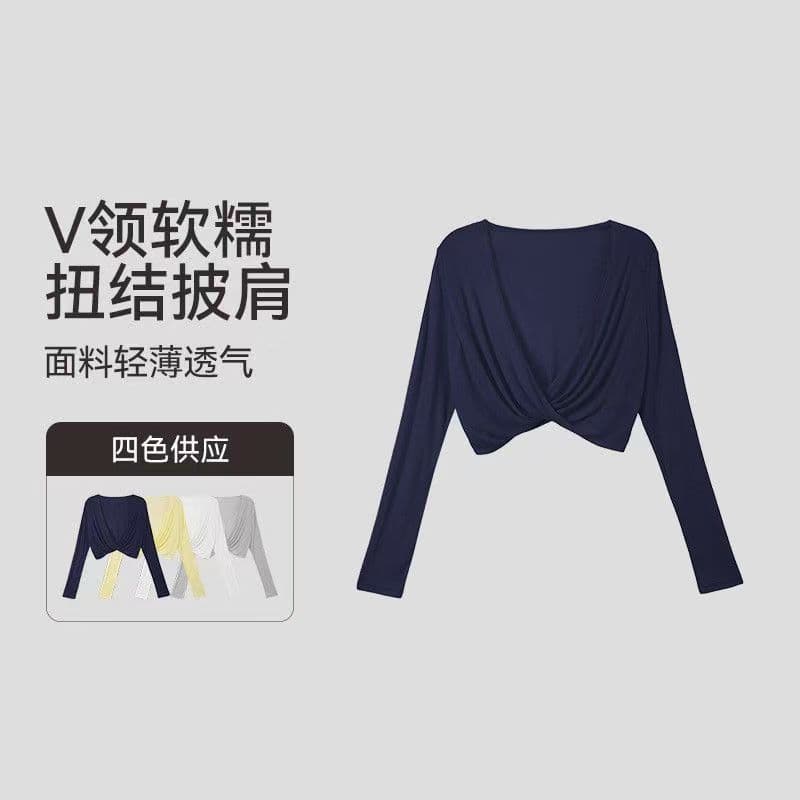 Navy Blue Long-Sleeved Blouse for Women, Summer Lazy Style, V-Neck, Slimming, Versatile, Short Vest Top, Summer Sun Protection Clothing