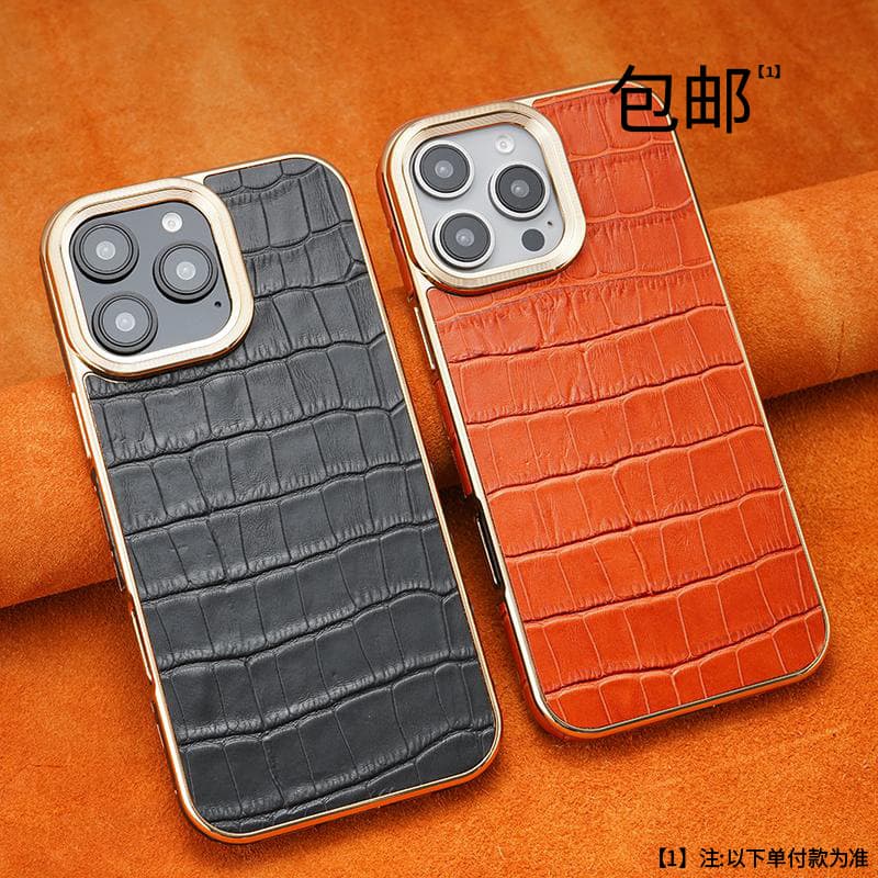 Crocodile texture electroplated iPhone 16 full coverage protective case for men, luxury genuine leather case compatible with Apple 16 Pro Max