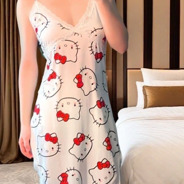 Summer Hello Kitty Sanrio Loungewear, Cute Sexy Lace Strap Plus Size Dress for Women Export
