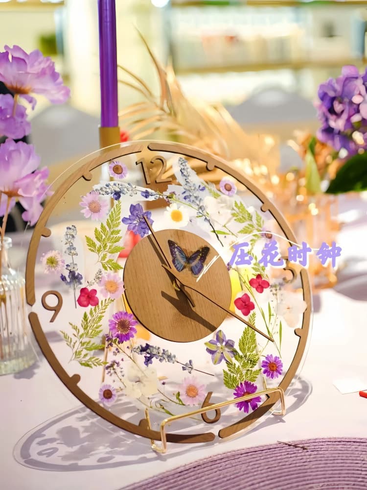 DIY Dried Flower Pressed Clock Wood Grain Frame Wall Clock Transparent Eternal Flower Hanging Clock Handmade Art Clock Black
