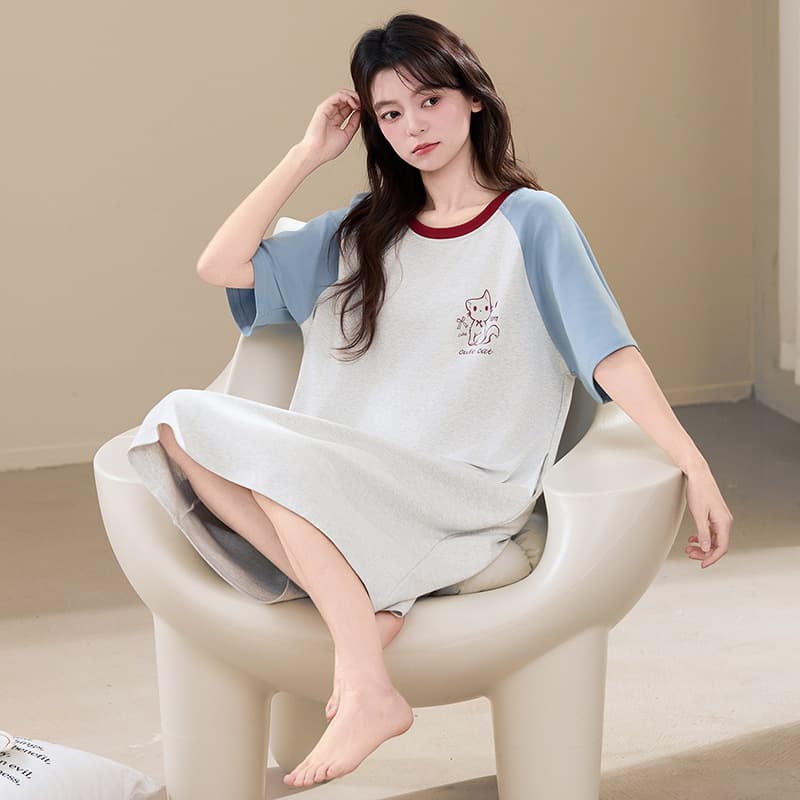 [Antibacterial Xinjiang Cotton] Class A Pure Cotton Nightgown Women's Summer Short Sleeve Dress Plus Size Cute Cotton Homewear