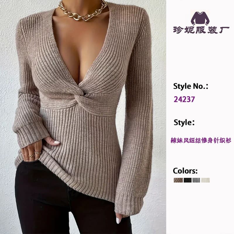 Factory Source Sexy Deep V-Neck Twisted Knit Top Slimming Long Sleeve Base Sweater Women's Fall Winter Inner Layer